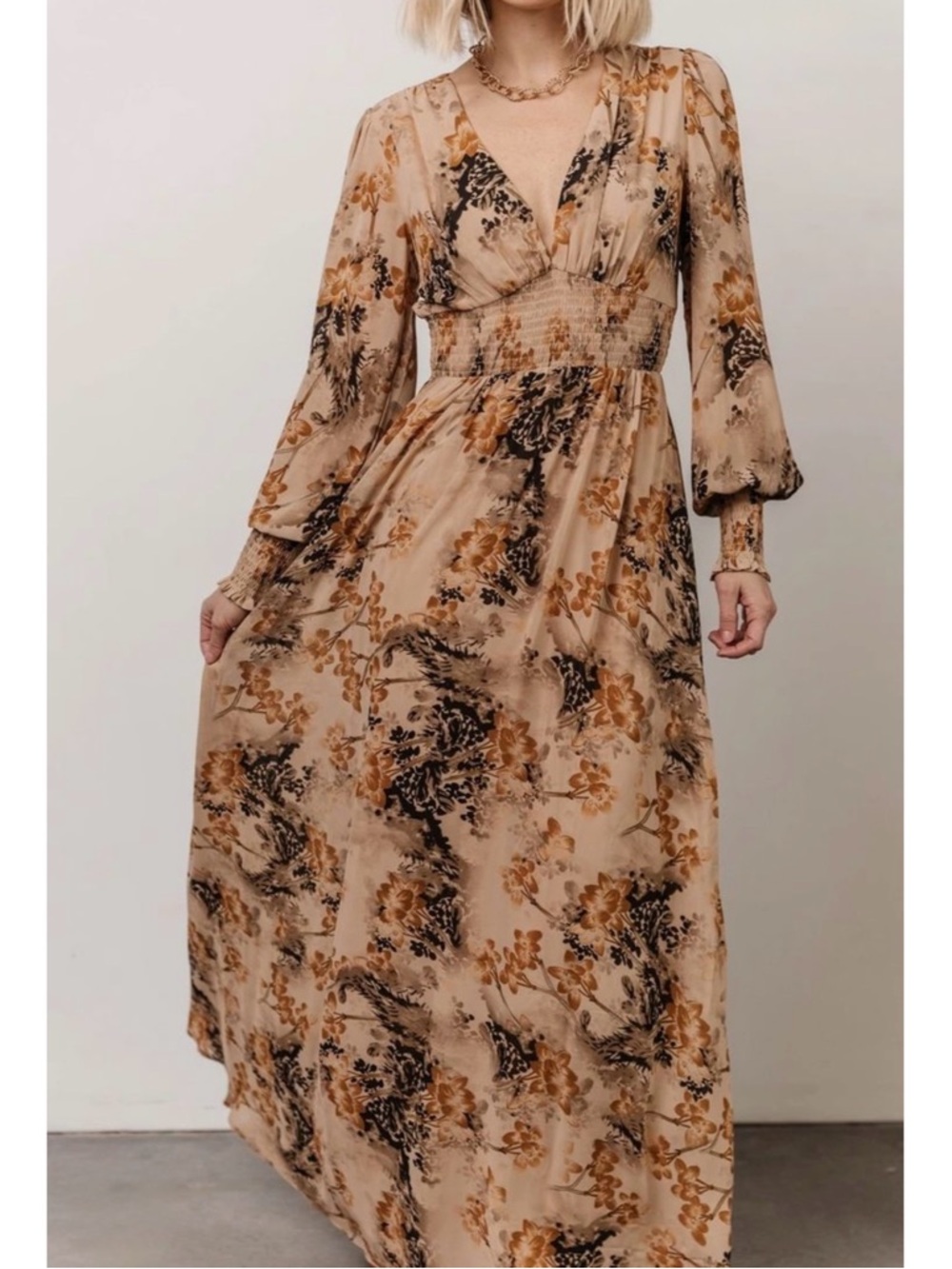 Baltic Born Olivia Chiffon Maxi Dress Sz 1XL Sz 1X Tan Floral Print NWOT
